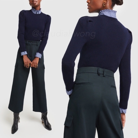 GWYN 100% Cashmere Signature Puff Sleeve Crew Sweater in Navy Blue - Picture 3 of 11